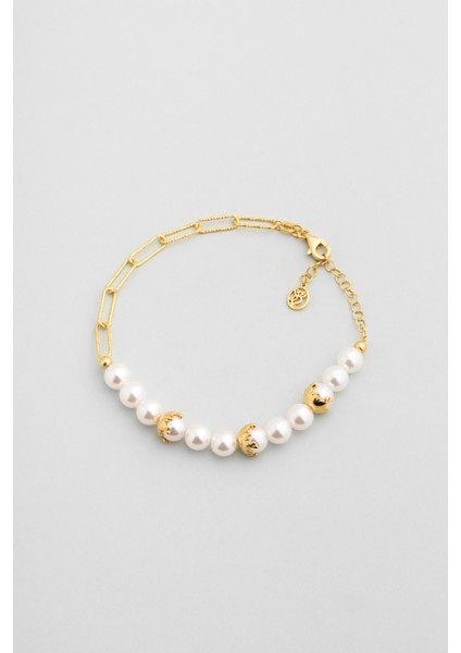 Verena 18 Ayar Sarı Altın Kaplama 19 cm Gümüş Inci Bileklik