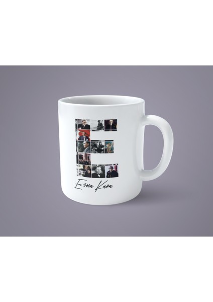 Öğretmenler Gününe Özel Atatürk Resimli E Harfli Isimli Baskılı Kupa Bardak