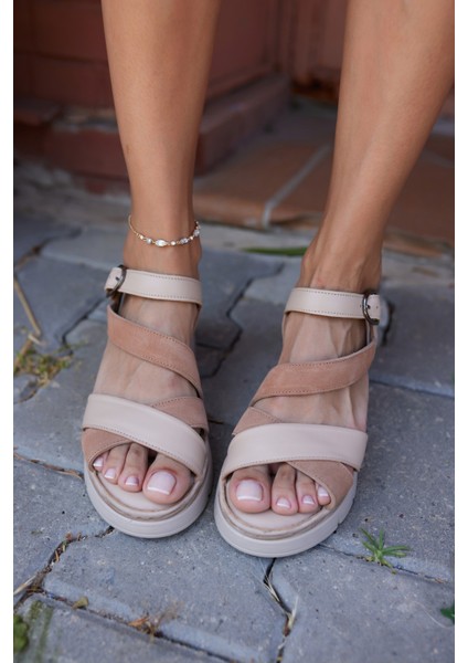Sposa Kadın Taba Mercan Garnili Dolgu Deri Sandalet