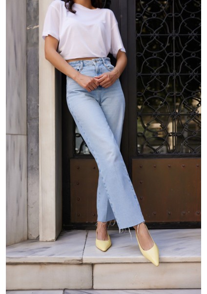 Haris Kadın Tereyag Sarısı Gercek Deri Mını Topuklu Slingback Ayakkabi