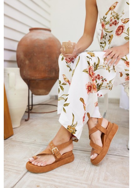 Pery Kadin Taba Gercek Suet Dolgu Taban Sandalet