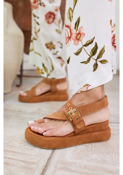 Pery Kadin Taba Gercek Suet Dolgu Taban Sandalet