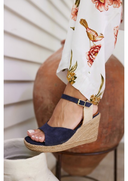 Bobi Kadin Lacivert Gercek Deri Suet Espadril Sandalet