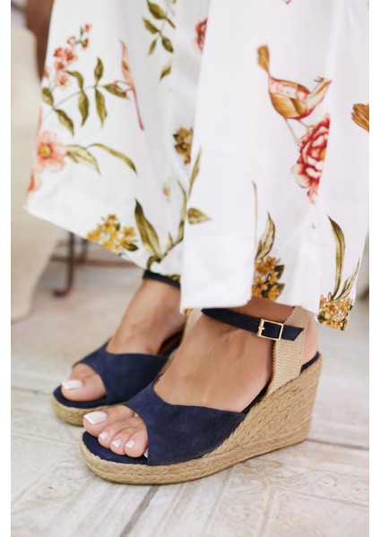 Bobi Kadin Lacivert Gercek Deri Suet Espadril Sandalet
