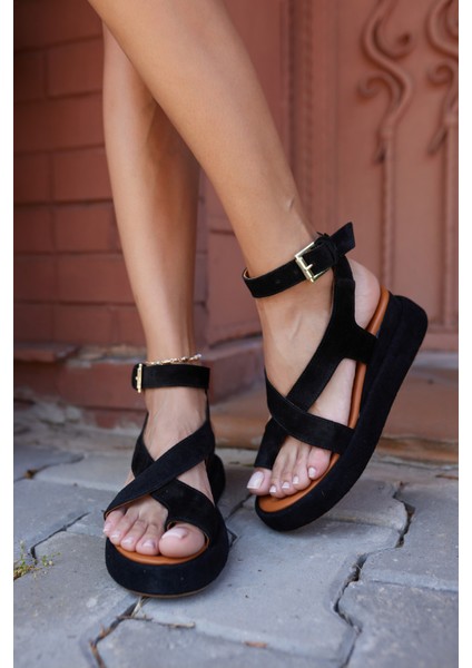 Confino Kadın Siyah Gercek Deri Dolgu Taban Sandalet