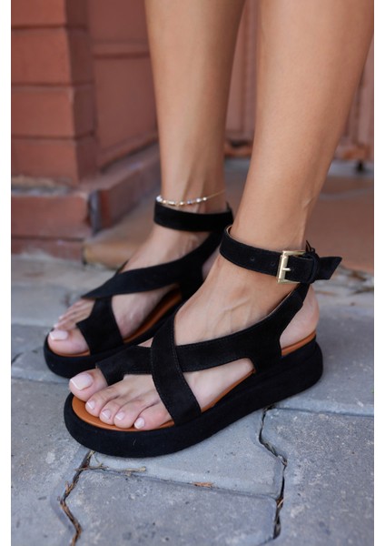 Confino Kadın Siyah Gercek Deri Dolgu Taban Sandalet