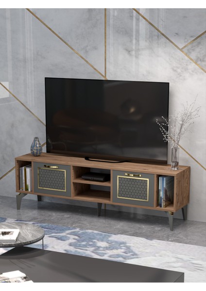 Tv Sehpası Tv Ünitesi Vera Beyaz Gold Çizgili 5052