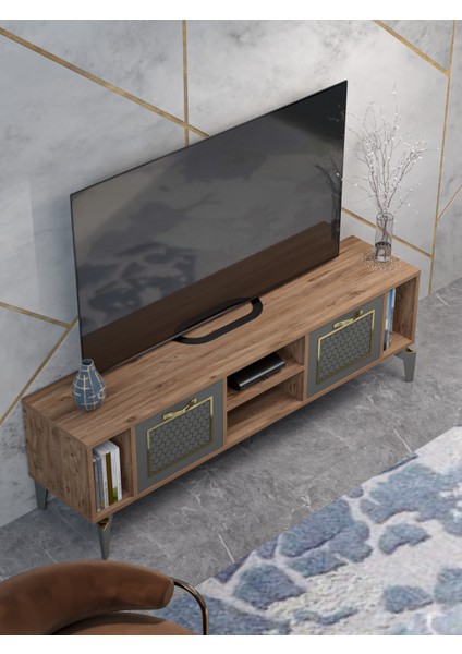 Tv Sehpası Tv Ünitesi Vera Beyaz Gold Çizgili 5052 indirimleri