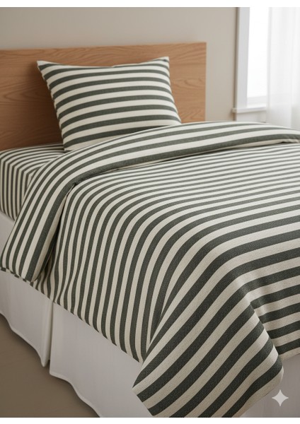 | Koyu Haki Çizgili %80 Pamuk Saten Tek Kişilik Nevresim Takımı | 82 Tel Yollu Nevresim, Lastikli Çarşaf