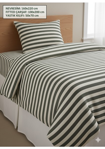 | Koyu Haki Çizgili %80 Pamuk Saten Tek Kişilik Nevresim Takımı | 82 Tel Yollu Nevresim, Lastikli Çarşaf modelleri