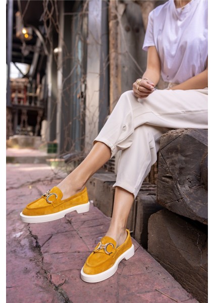 Granda Kadın Sari Gercek Deri Suet Loafer Ayakkabi modelleri