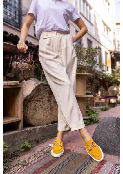 Granda Kadın Sari Gercek Deri Suet Loafer Ayakkabi