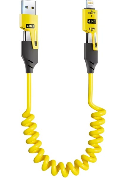 65W Hızlı Şarj Aleti Kablosu 4in1 Spiral Yaylı Usb-A Type-C Lightning Uyumlu