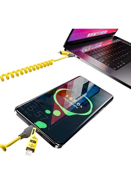 65W Hızlı Şarj Aleti Kablosu 4in1 Spiral Yaylı Usb-A Type-C Lightning Uyumlu modelleri