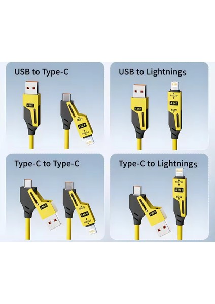 65W Hızlı Şarj Aleti Kablosu 4in1 Spiral Yaylı Usb-A Type-C Lightning Uyumlu indirimleri