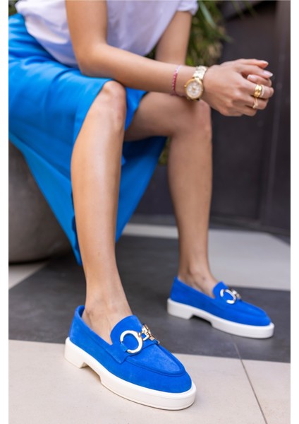 Granda Kadın Mavi Gercek Suet Loafer Ayakkabi