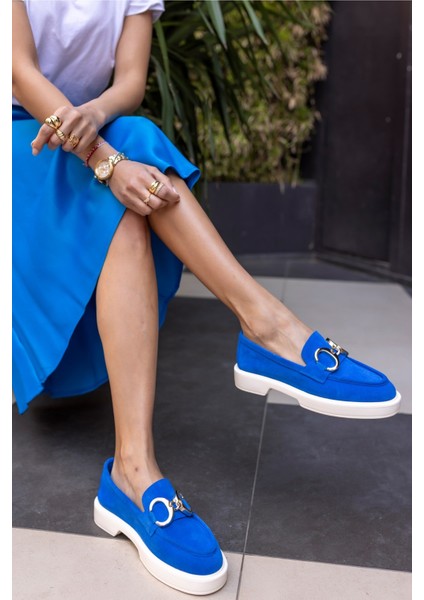 Granda Kadın Mavi Gercek Suet Loafer Ayakkabi