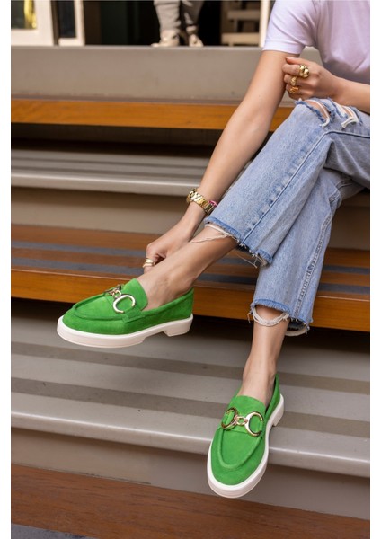 Granda Kadın Yeşil Gercek Deri Suet Loafer Ayakkabi