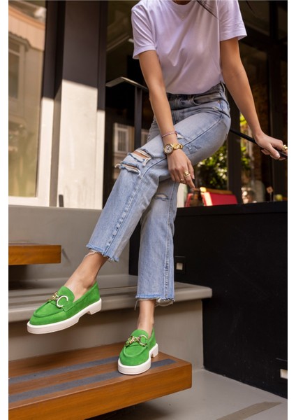 Granda Kadın Yeşil Gercek Deri Suet Loafer Ayakkabi