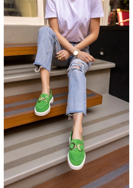 Granda Kadın Yeşil Gercek Deri Suet Loafer Ayakkabi