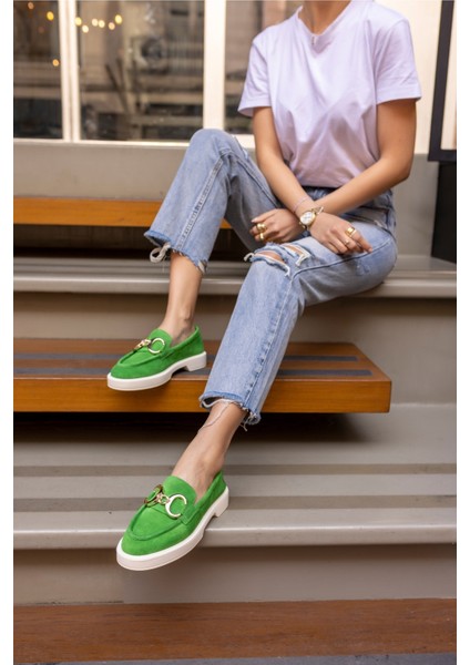 Granda Kadın Yeşil Gercek Deri Suet Loafer Ayakkabi