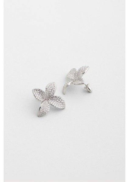 Begonvil Çiçeği 18 Ayar Beyaz Altın Kaplama Gümüş Küpe