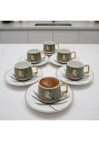 Green Birdy Kuş Figürlü 6 Kişilik Porselen Fincan Takımı