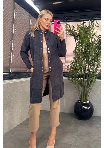 Çıtçıt Düğmeli Cep Detaylı Uzun Sakallı Gri Hırka fiyatları