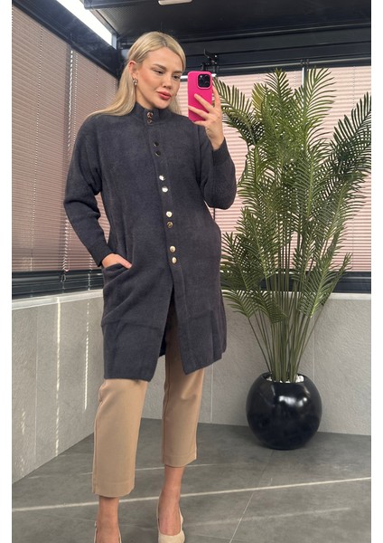 Çıtçıt Düğmeli Cep Detaylı Uzun Sakallı Gri Hırka modelleri