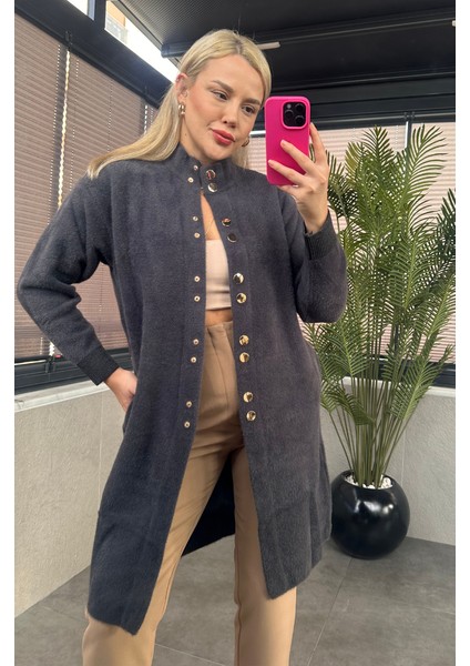 Çıtçıt Düğmeli Cep Detaylı Uzun Sakallı Gri Hırka indirimleri