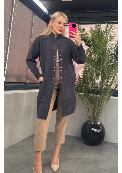 Çıtçıt Düğmeli Cep Detaylı Uzun Sakallı Gri Hırka