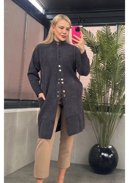 Çıtçıt Düğmeli Cep Detaylı Uzun Sakallı Gri Hırka