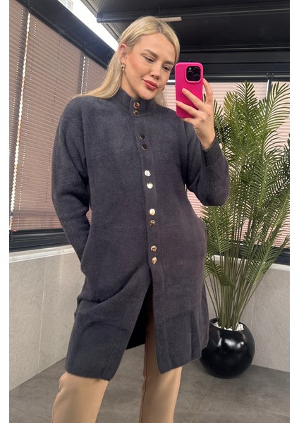 Çıtçıt Düğmeli Cep Detaylı Uzun Sakallı Gri Hırka