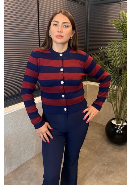 Bordo&lacivert Çizgi Detaylı Hırka