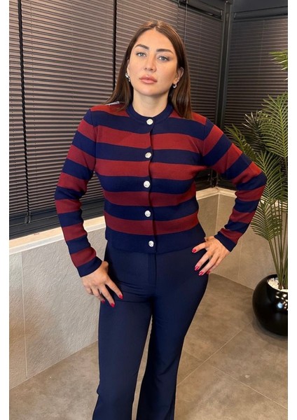 Bordo&lacivert Çizgi Detaylı Hırka modelleri