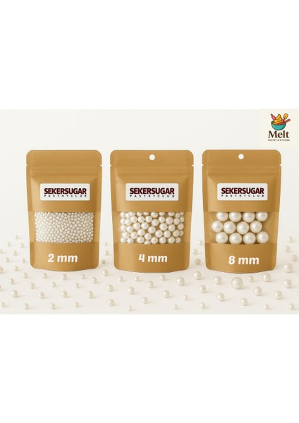 Pasta Süsleme Şekeri Boncuk Şeker Metalik Inci Beyazı (40 Gr.x3 Pkt) Sprinkles