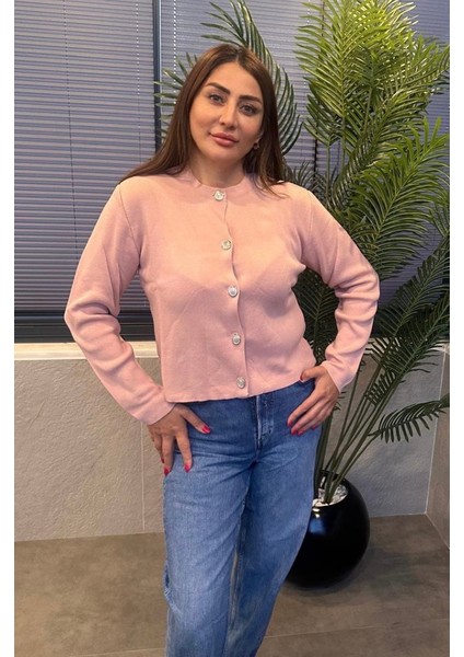 Pembe Gümüş Düğmeli Hırka