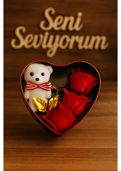 Kalpli Metal Hediye Kutusu – Peluş Ayıcık ve Kırmızı Gül Seti, Romantik Sevgililer Günü Hediyesi