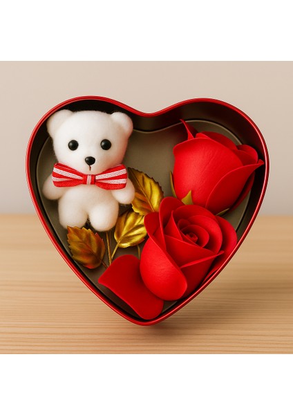 Kalpli Metal Hediye Kutusu – Peluş Ayıcık ve Kırmızı Gül Seti, Romantik Sevgililer Günü Hediyesi fiyatları