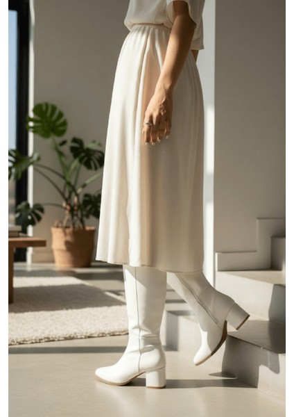 Despina Beyaz Deri Topuklu (5 cm Topuklu ) Yanı Fermuarlı Günlük Kullanım Çizme fırsatları