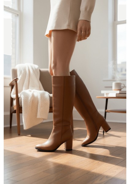 Kleo Taba Deri Topuklu (7cm) Yanı Fermuarlı Günlük Kullanım Çizme