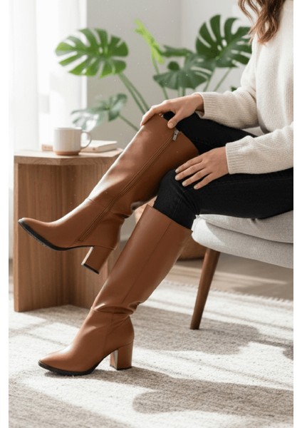 Kleo Taba Deri Topuklu (7cm) Yanı Fermuarlı Günlük Kullanım Çizme fiyatları