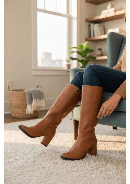 Kleo Taba Deri Topuklu (7cm) Yanı Fermuarlı Günlük Kullanım Çizme modelleri