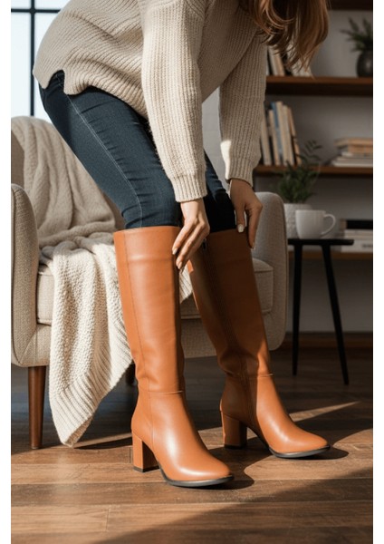 Kleo Taba Deri Topuklu (7cm) Yanı Fermuarlı Günlük Kullanım Çizme fırsatları