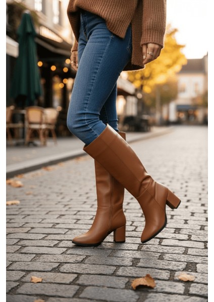 Kleo Taba Deri Topuklu (7cm) Yanı Fermuarlı Günlük Kullanım Çizme indirimleri