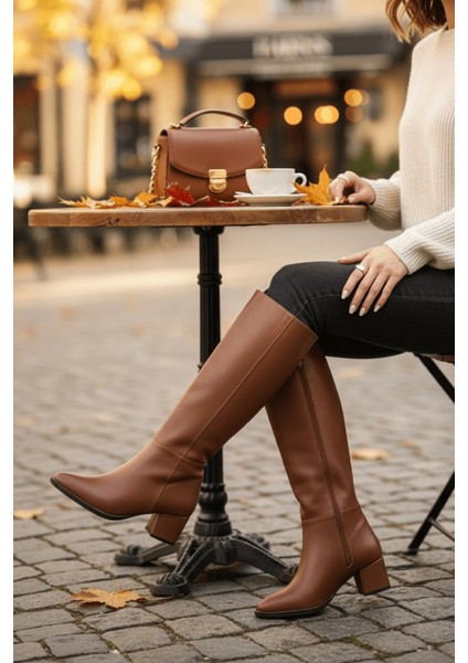 Despina Taba Deri Topuklu (5 cm Topuklu ) Yanı Fermuarlı Günlük Kullanım Çizme fiyatları