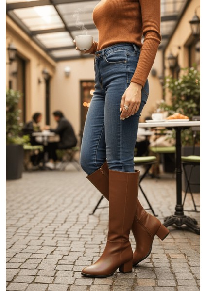 Despina Taba Deri Topuklu (5 cm Topuklu ) Yanı Fermuarlı Günlük Kullanım Çizme modelleri