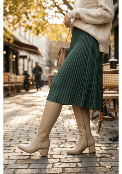 Despina Nude Deri Topuklu (5 cm Topuklu ) Yanı Fermuarlı Günlük Kullanım Çizme