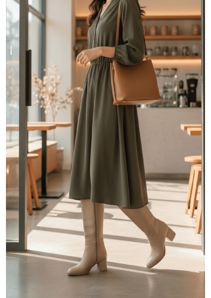 Despina Nude Deri Topuklu (5 cm Topuklu ) Yanı Fermuarlı Günlük Kullanım Çizme modelleri