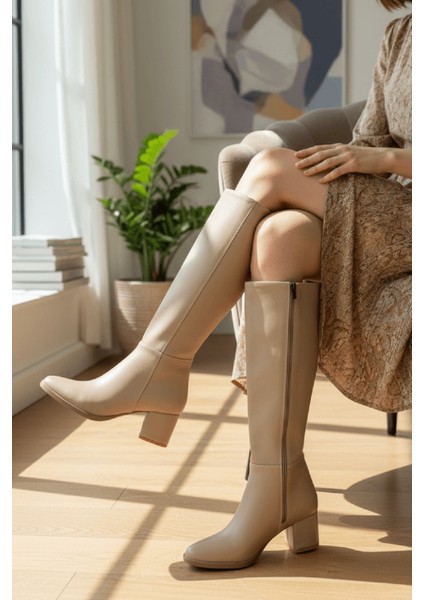 Despina Nude Deri Topuklu (5 cm Topuklu ) Yanı Fermuarlı Günlük Kullanım Çizme indirimleri